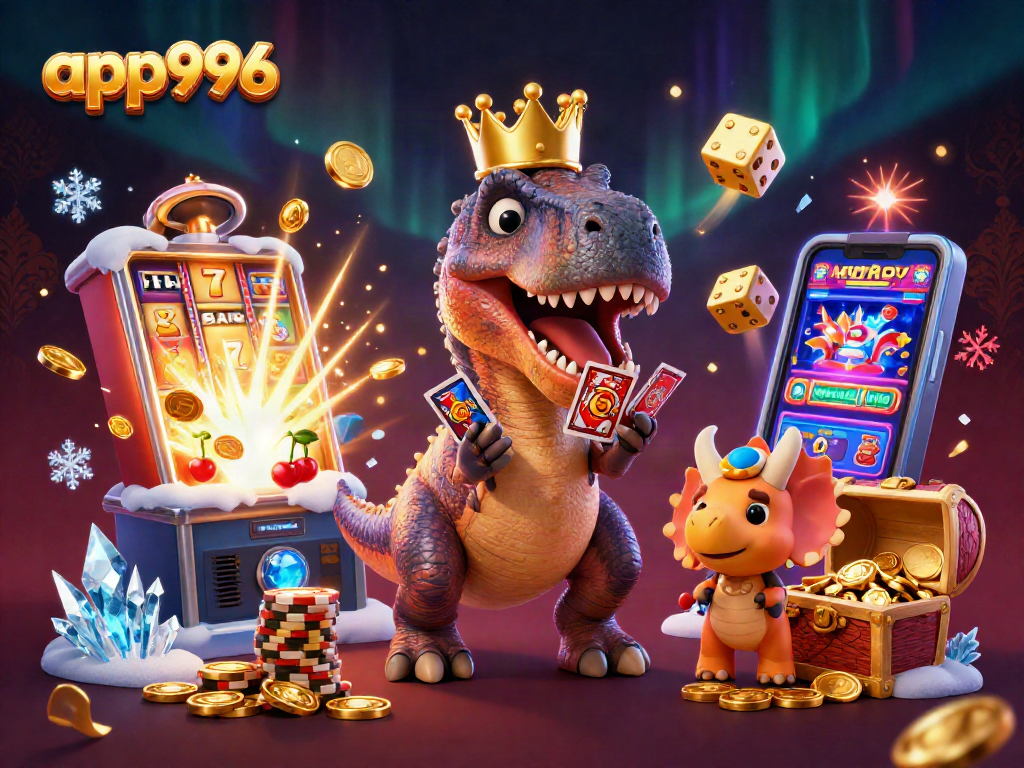 Engage with app996 and enjoy a 3D cartoon scene of fun dinosaur characters amid vibrant casino elements.