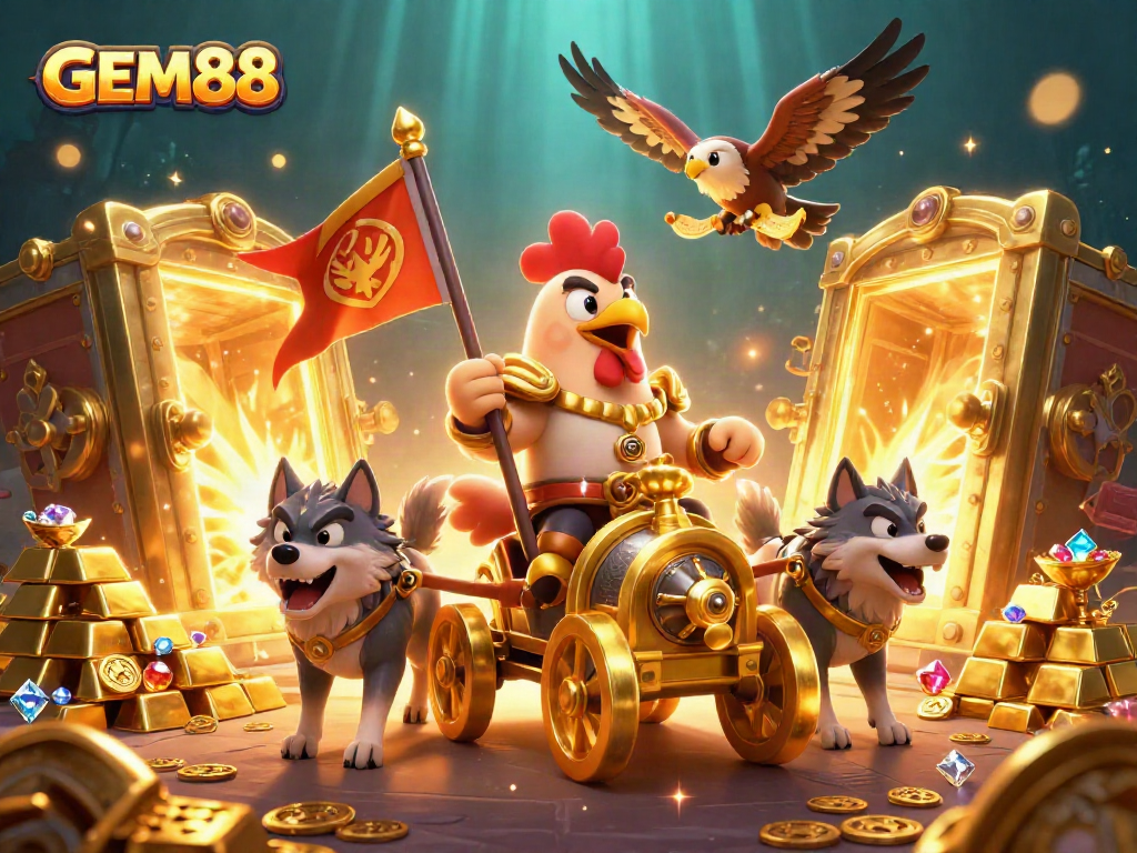Experience GEM88's thrilling adventure with a rooster warlord and golden treasures in a vibrant casino scene.