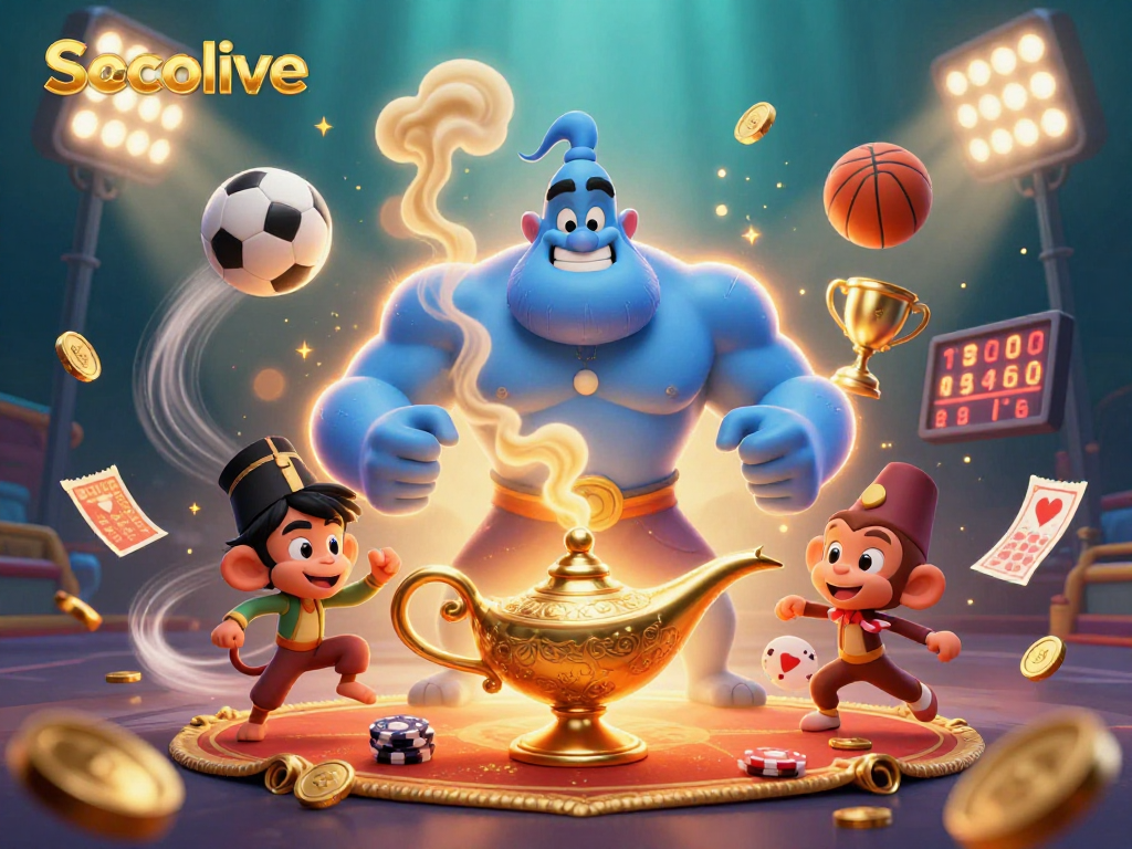 Socolive's captivating scene with a genie and monkey featuring dynamic sports and casino elements.