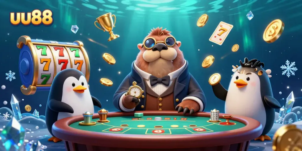 Experience exciting gameplay at uu88 with a vibrant underwater poker scene featuring unique characters and dynamic elements.