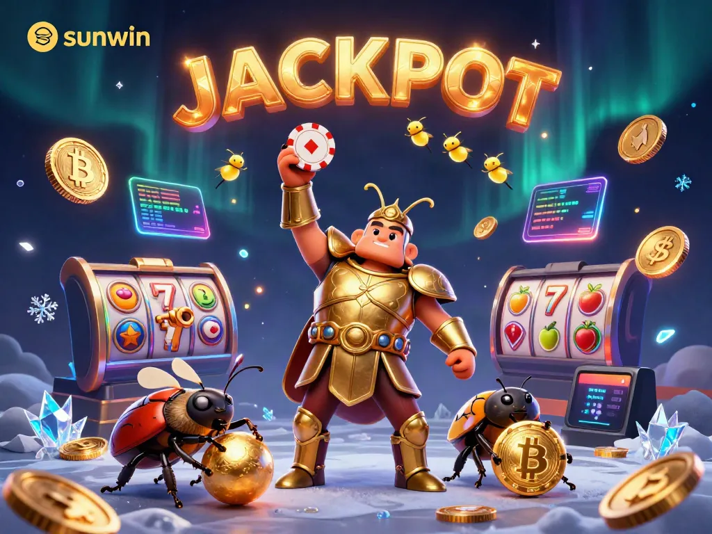 Win big at sunwin with a 3D hercules beetle lifting a poker chip in a vibrant casino scene.