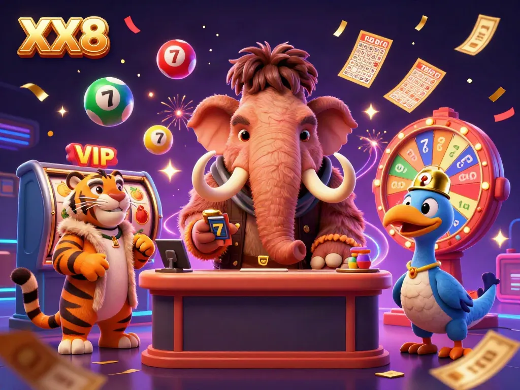 Engage in thrilling play at XX8 with vibrant casino characters and colorful gaming elements.