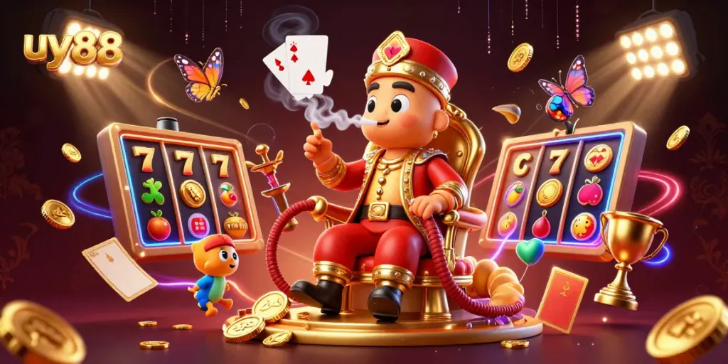 Win at uy88 with a vibrant illustration of casino games, featuring golden coins and immersive slot dynamics.