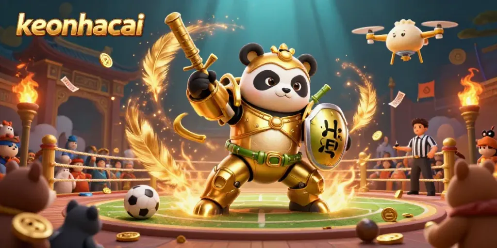 Engage in exciting betting action with keonhacai as a golden panda battles in a vibrant arena filled with sports elements.