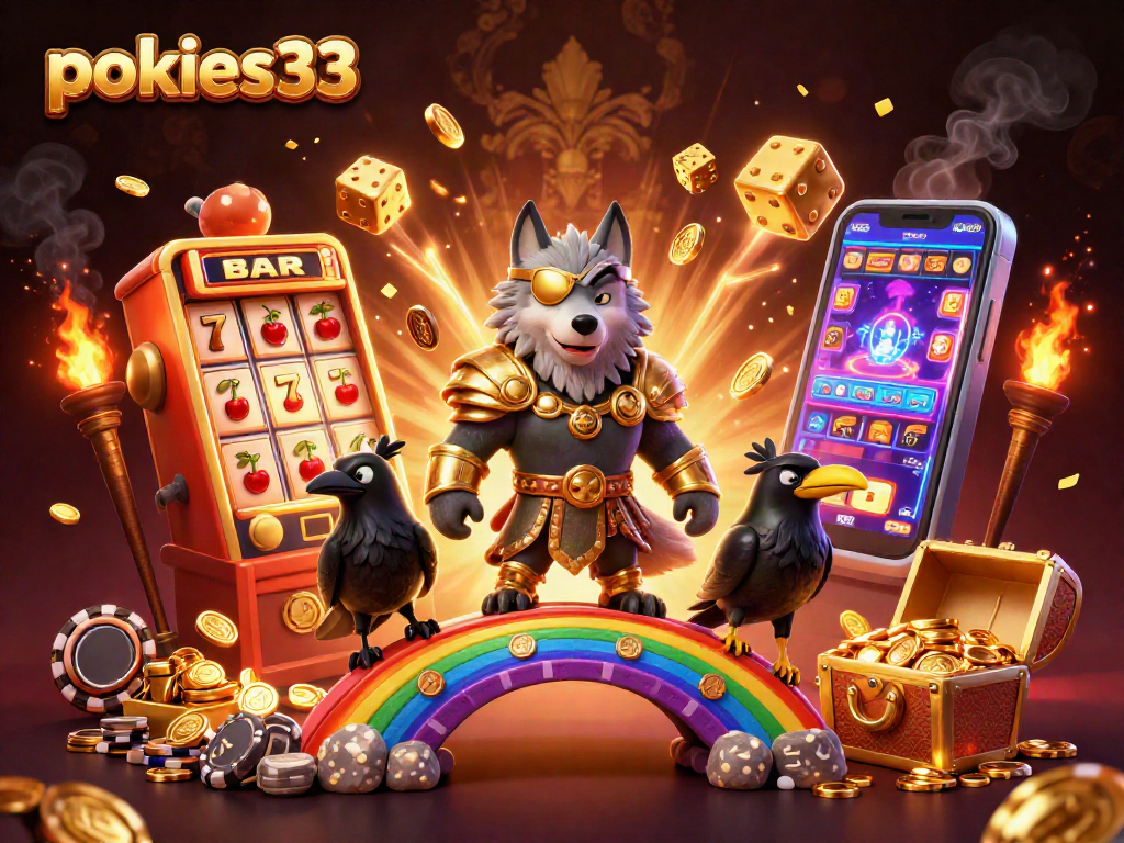 Engage with pokies33 in a vibrant 3D scene featuring Odin, ravens, and thrilling casino elements.
