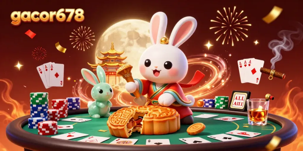 Engage with gacor678's vibrant casino scene featuring playful folklore characters amidst poker chips and gold.