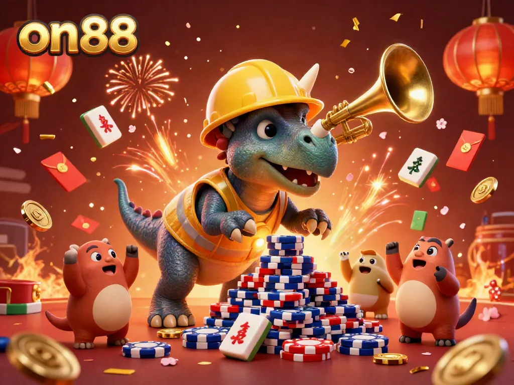Experience the thrill of on88 with a triceratops building poker chip pyramids and celebrating a casino victory.