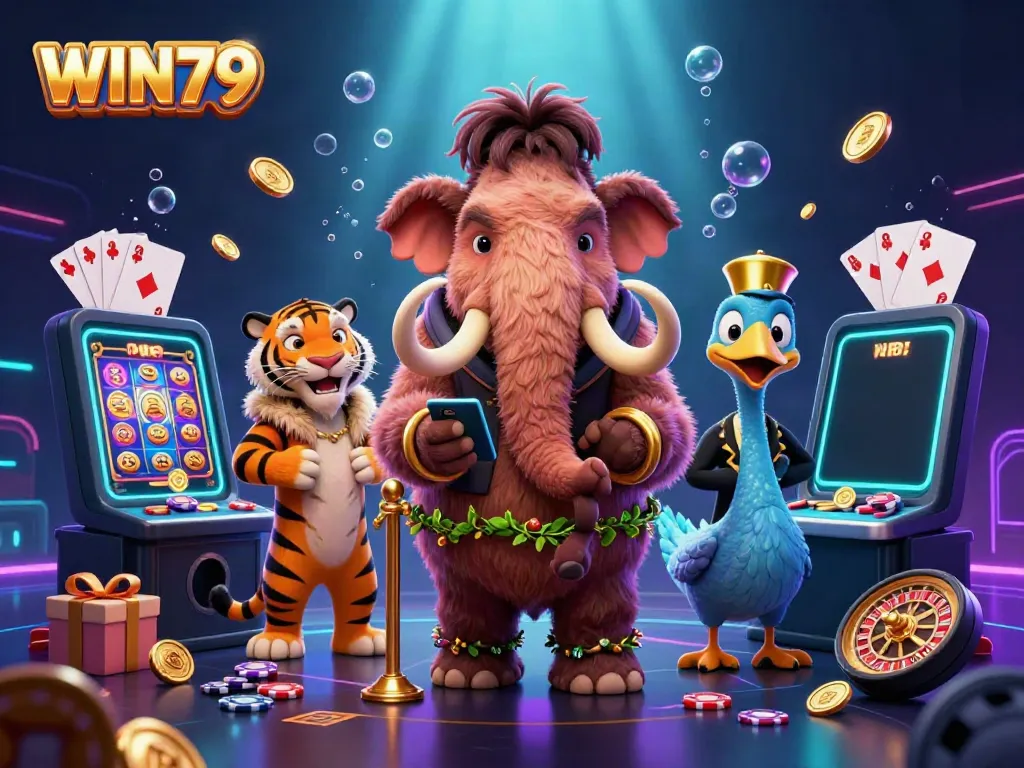 Experience the excitement of WIN79 through a vibrant 3D illustration featuring a mystical casino scene.