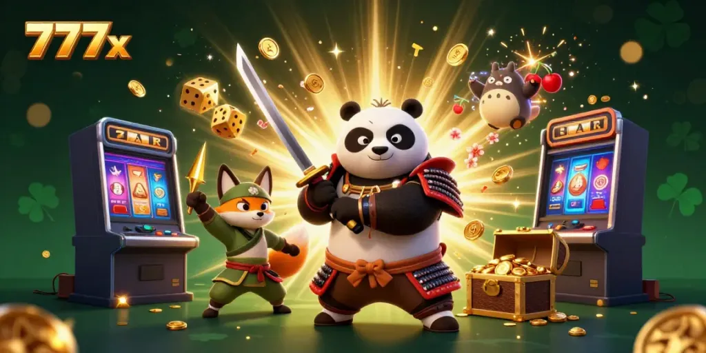 Engage in exciting gameplay at 777x with samurai panda, ninja fox, and magical spirit amidst a burst of casino action.
