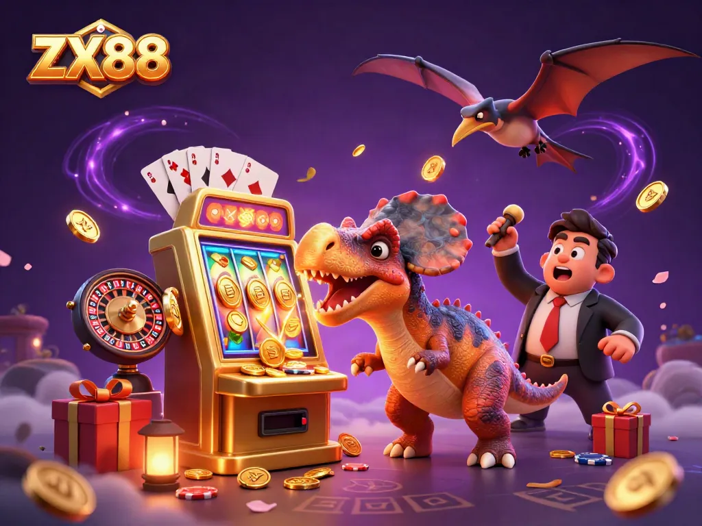 Experience the thrill of ZX88 as a pachycephalosaurus uncovers jackpot coins from a slot machine in a colorful casino scene.