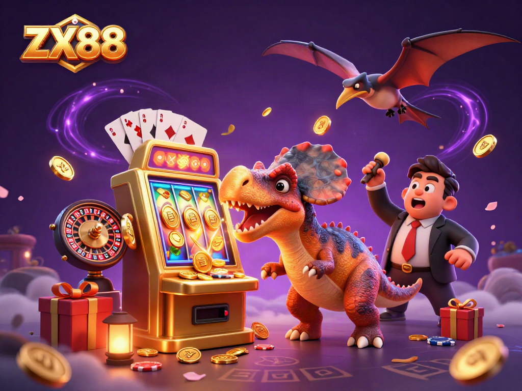 Experience the thrill of ZX88 as a pachycephalosaurus uncovers jackpot coins from a slot machine in a colorful casino scene.