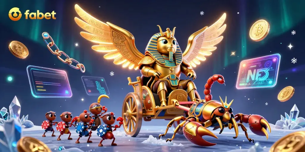 Engage in thrilling betting experiences at fabet, visualized by a dazzling golden scarab and jewel-encrusted scorpions.