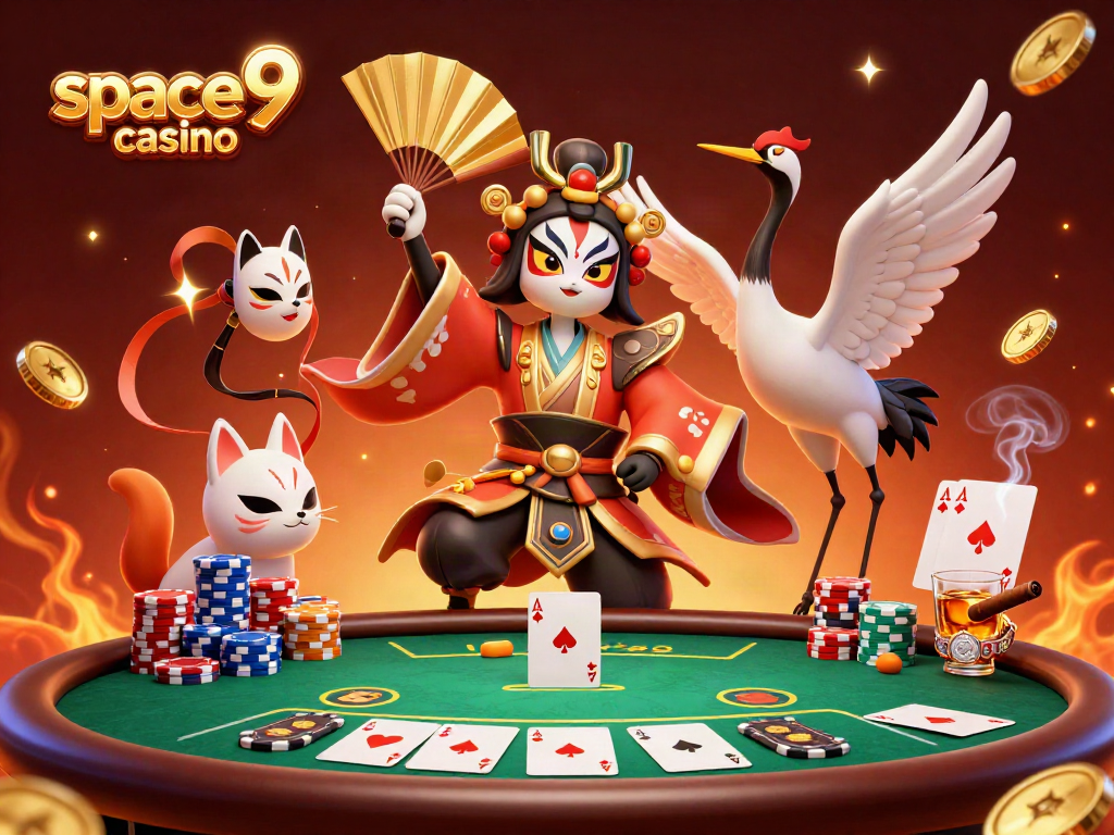 Win big at space9 casino with a vibrant 3D illustration of a poker scene featuring kabuki and kitsune characters.