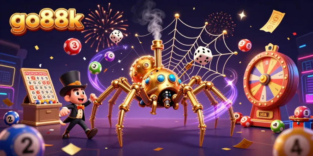 Experience the excitement of go88k with a vibrant, steampunk casino scene illustrating spinning lottery balls and dynamic games.