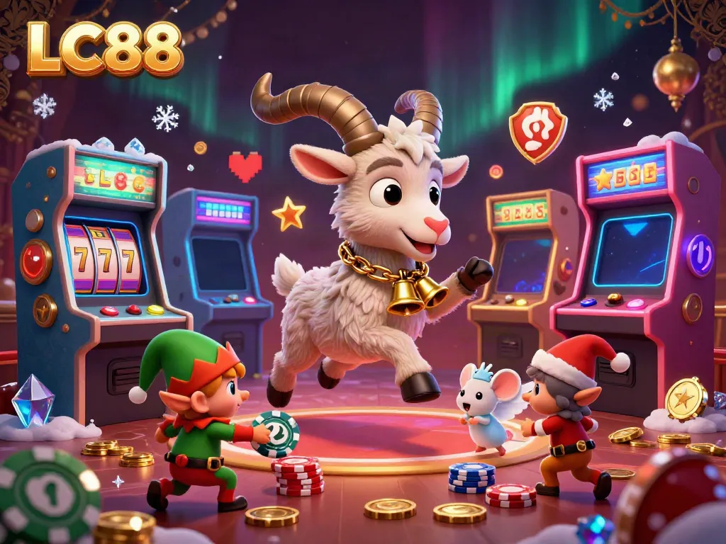 Engaging casino scene with LC88 featuring a 3D Krampus goat and casino-themed elements.