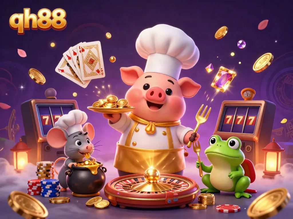 Experience the excitement of qh88 casino with animated characters showcasing vibrant games and gold coins.