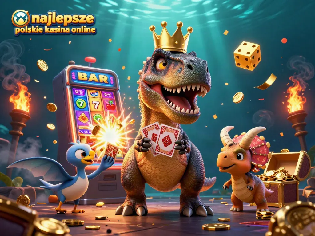 Experience the excitement of najlepsze polskie kasyna online with a colorful casino-themed illustration featuring T-Rex card shuffling, coins, and slot machines.