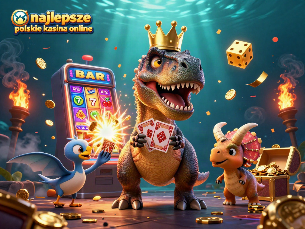Experience the excitement of najlepsze polskie kasyna online with a colorful casino-themed illustration featuring T-Rex card shuffling, coins, and slot machines.