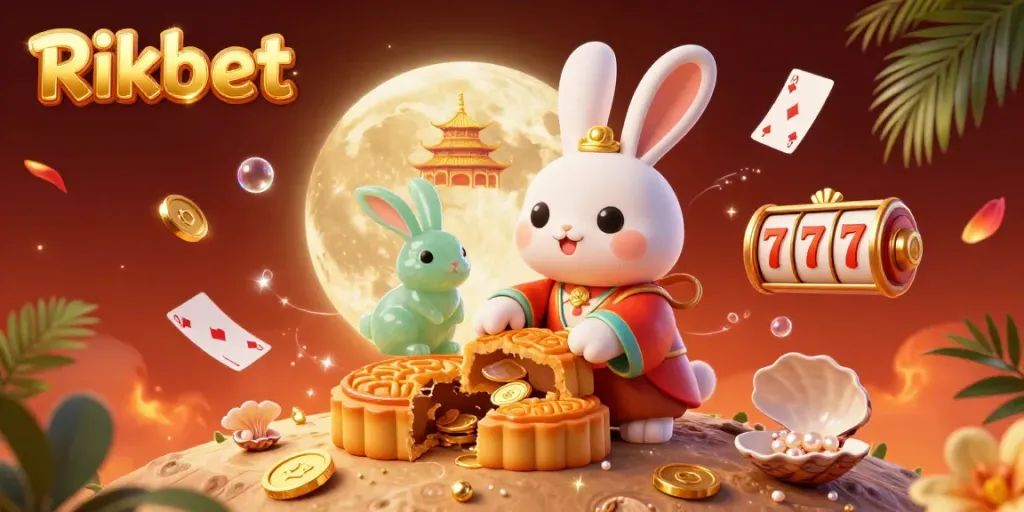 Experience the thrill of Rikbet with a vibrant 3D illustration showing moon rabbits and casino elements.