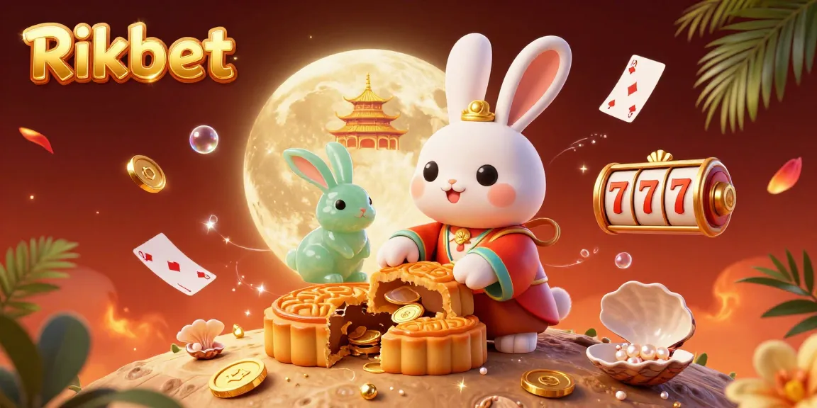 Experience the thrill of Rikbet with a vibrant 3D illustration showing moon rabbits and casino elements.