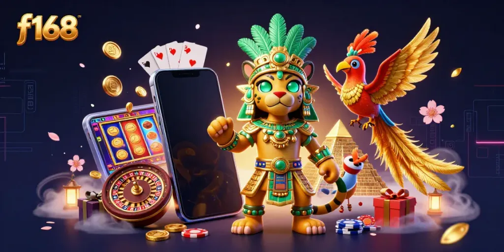 Engage in thrilling slots at f168, depicted with golden coins and exciting game elements.
