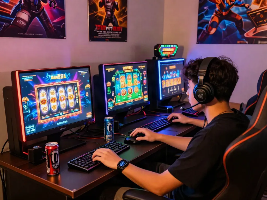 Engaged gamer enjoying slot88 on a vibrant gaming setup, with colorful animations and immersive atmosphere.