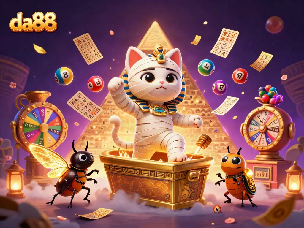 Experience thrilling gameplay at da88 with an exciting scene of a mummy cat and scarab beetle in a casino.