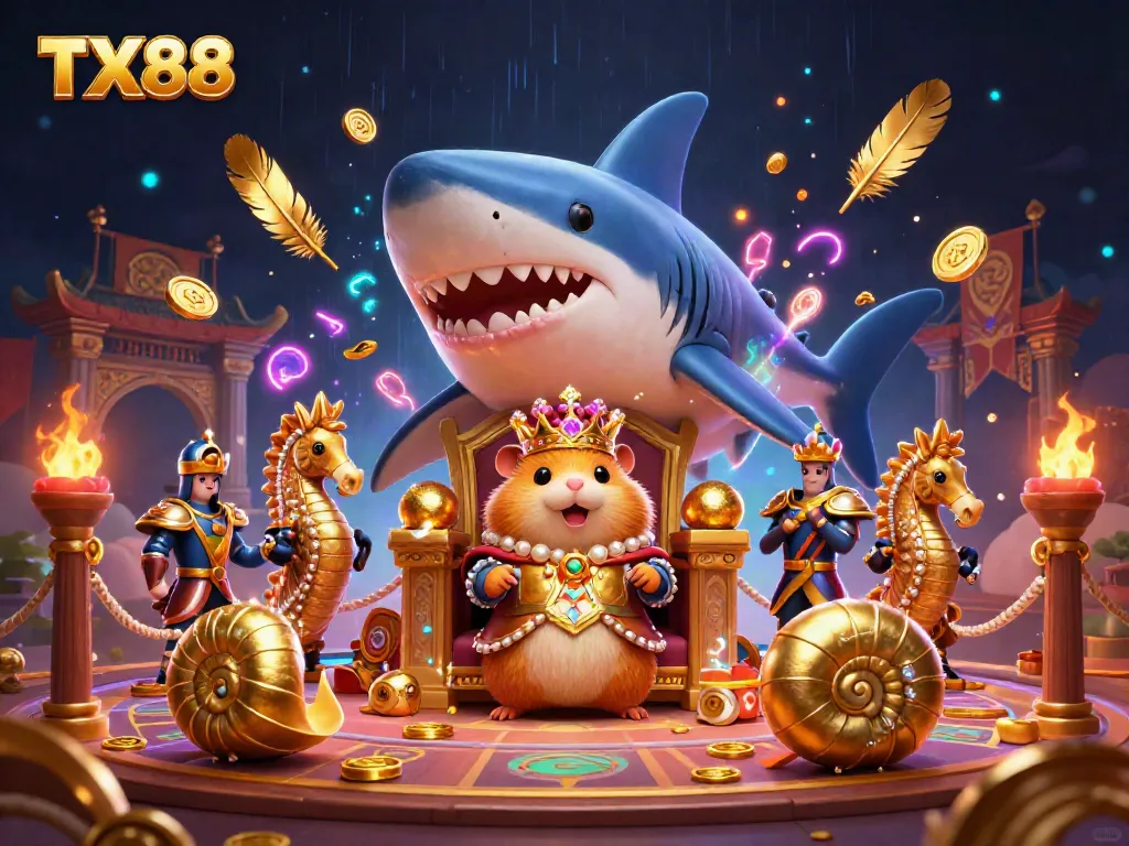 Experience the thrilling TX88 casino scene with a golden hamster king amidst vibrant slot effects and dynamic gaming elements.