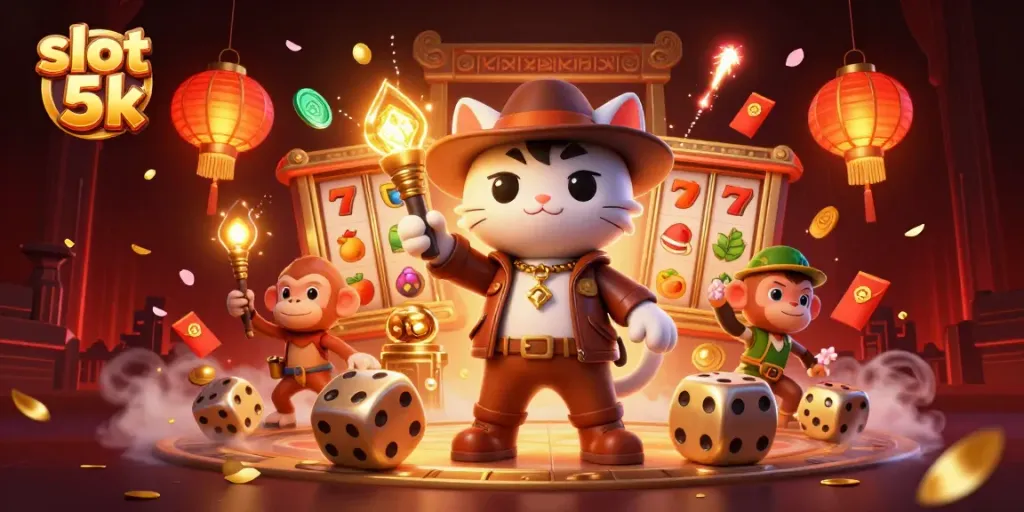 Engage in the immersive world of slot 5k gaming with adventurous characters and dynamic casino elements.