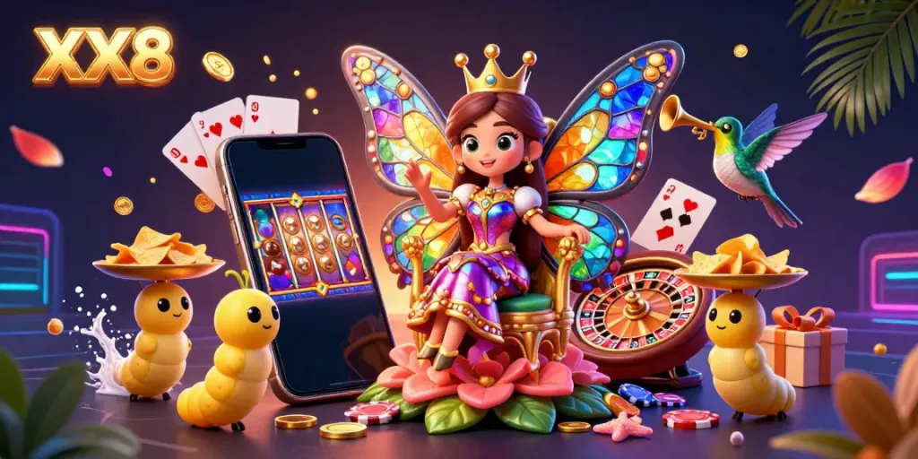 Experience vibrant casino excitement with a 3D butterfly queen in a colorful gaming paradise at XX8.