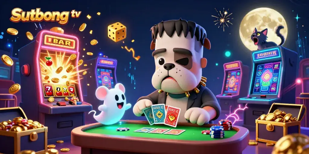 Sutbong tv showcases a lively 3D casino scene featuring Frankenstein bulldog and characters dealing cards amidst vibrant casino elements.