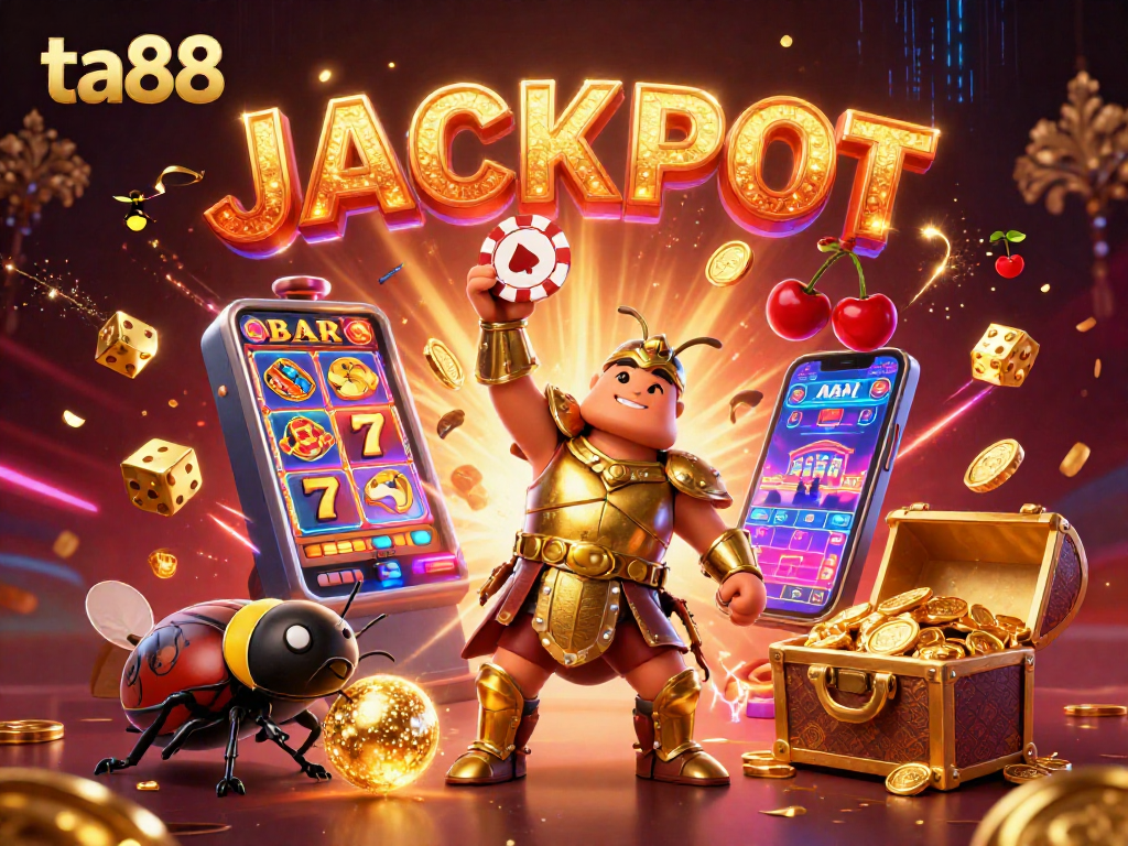 Engage with ta88's vibrant casino adventure featuring a hercules beetle in victory amid dynamic game elements.