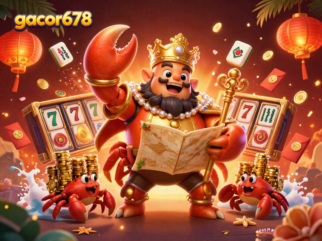 Engage with gacor678's dynamic gaming scene of a golden crab emperor amidst slots and fortune elements.