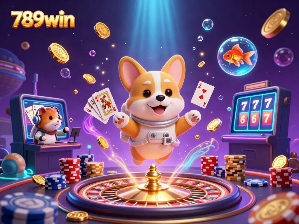 Experience thrilling games at 789win with vibrant casino elements floating in space.
