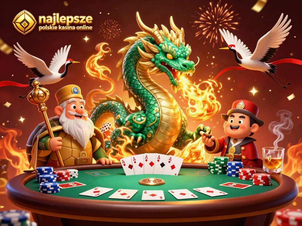 Engage with the best Polish online casinos including a jade dragon and poker elements in an immersive 3D scene.