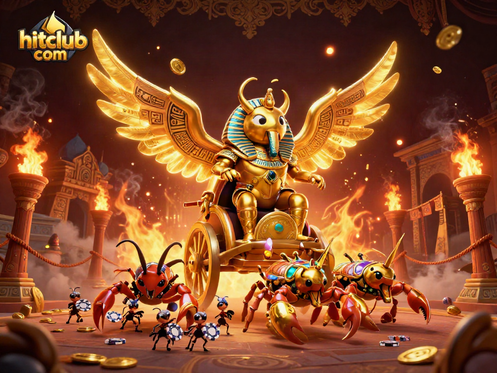 Experience the excitement of hitclub com with a dynamic casino scene featuring golden scarab beetles and scorpions.
