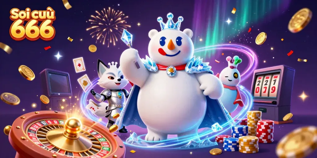 Soi cầu 666 featuring a cartoon ice king and snow fox amidst casino elements like coins and cards