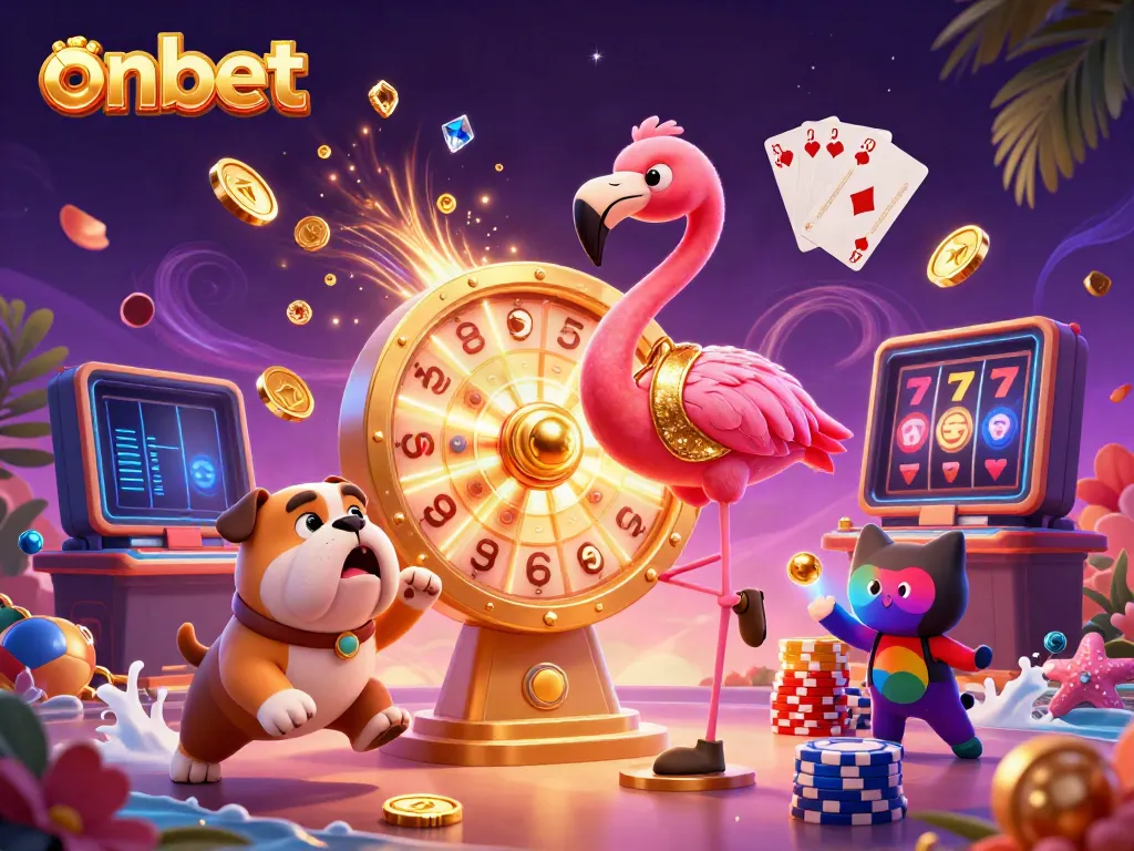 Spin to win with onbet as vibrant characters and casino elements come alive in a dazzling scene.