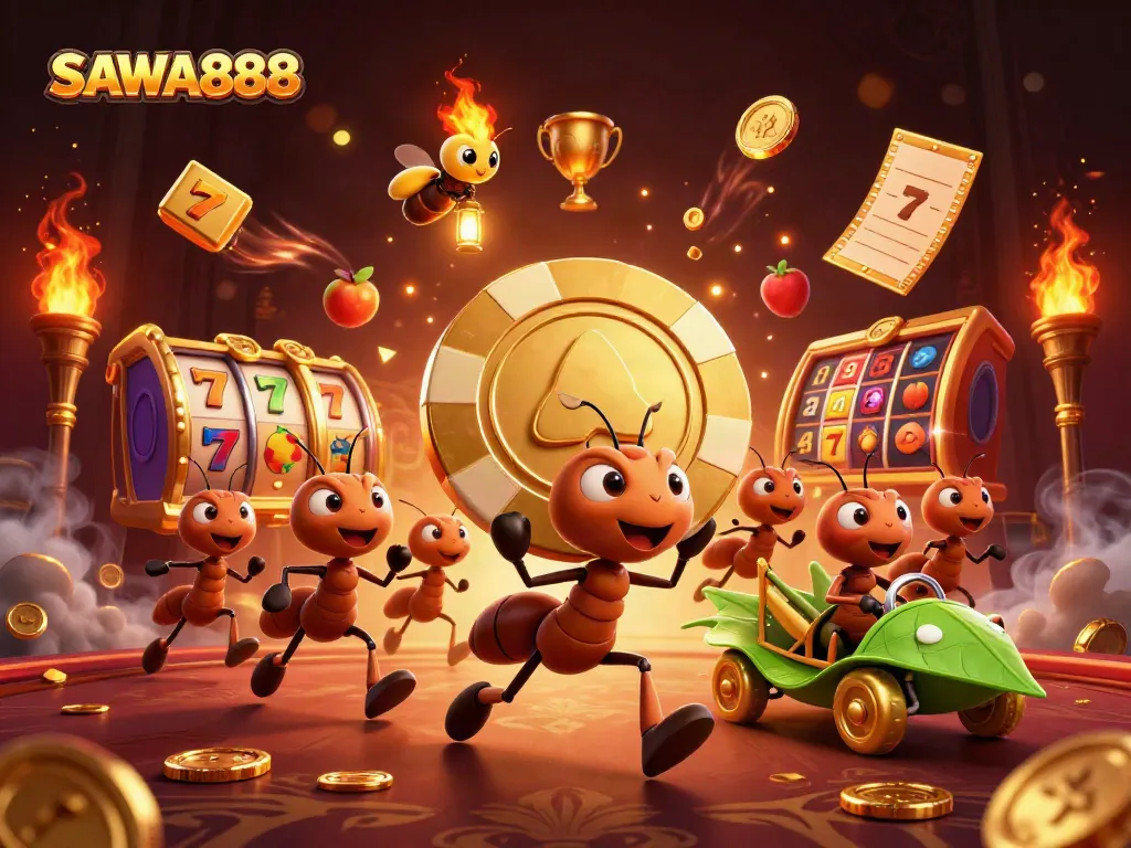 SAWA888 team of ants performing a heist with a golden poker chip in a vibrant casino scene.