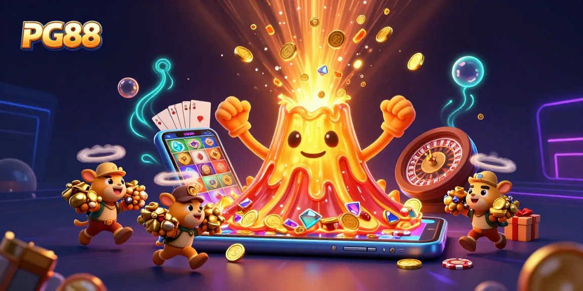 Experience the thrill of PG88 with golden volcanoes erupting treasures in a vibrant casino scene.