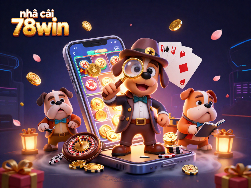 Engage with nhà cái 78win's thrilling gaming scene featuring a detective dog duo exploring casino treasures!
