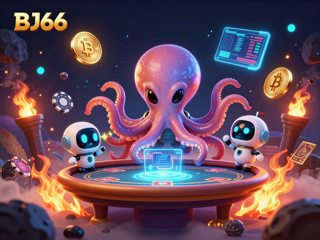 Engage with BJ66 as an alien octopus operates a holographic poker table amidst vibrant casino elements.