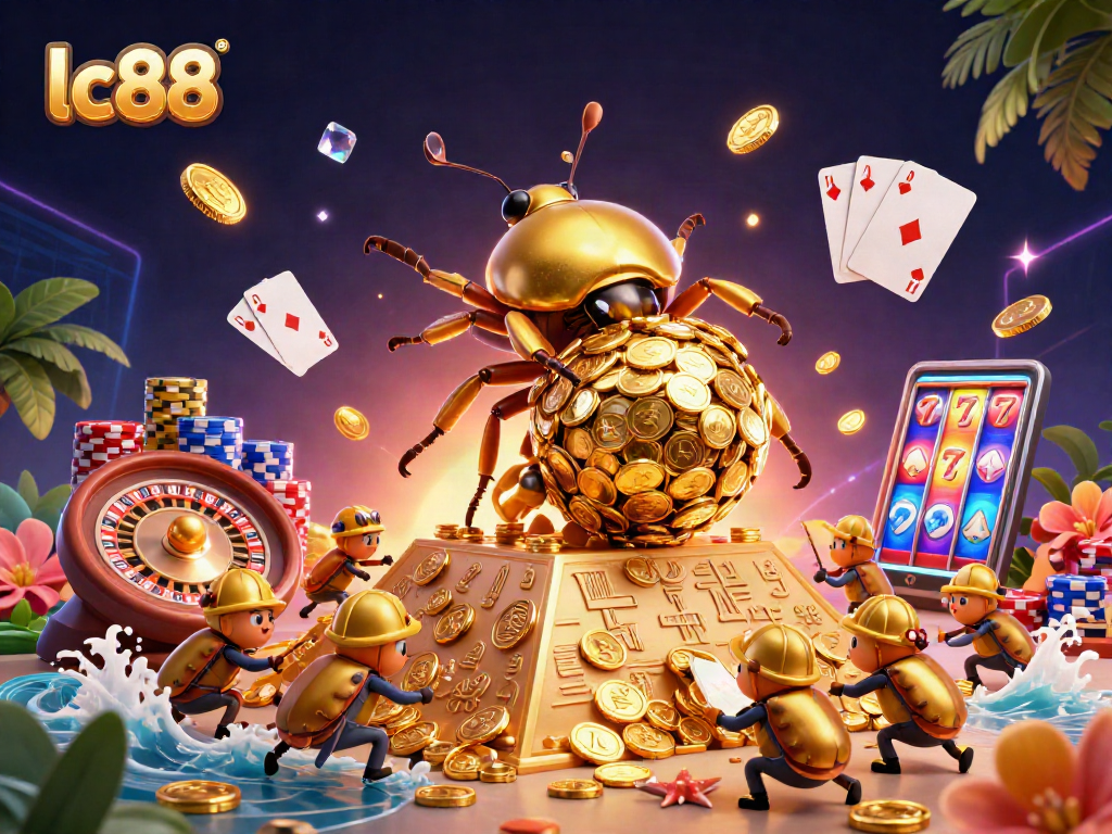 Experience thrilling gameplay at lc88 while a golden beetle rolls coins, stunning casino elements abound.