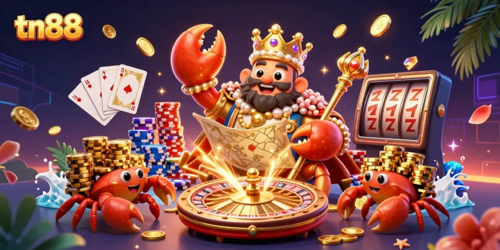Engage in thrilling gambling at tn88 with a massive crab emperor amidst vibrant casino elements.