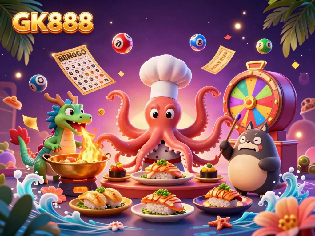 GK888 invites players to engage with a vibrant online casino scene filled with dynamic lottery elements and characters.