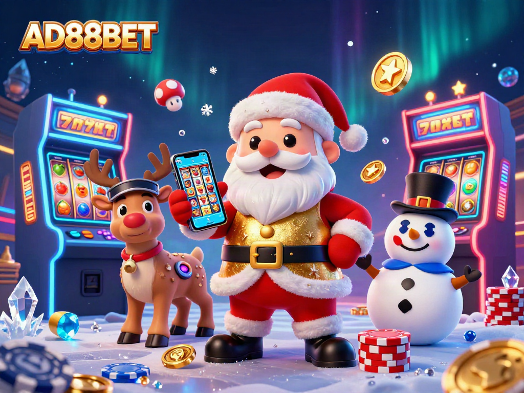 Experience the excitement of gaming with AD88BET as Santa, his reindeer, and a snowman celebrate game wins!