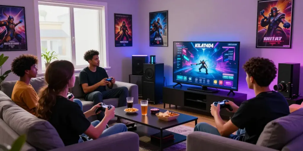Friends enjoying a vibrant KILAT404 gaming session at home.