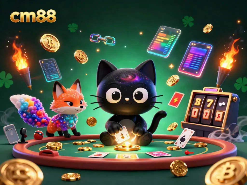 Engage with cm88 through an epic cosmic casino scene featuring a black hole cat and glowing crypto coins.