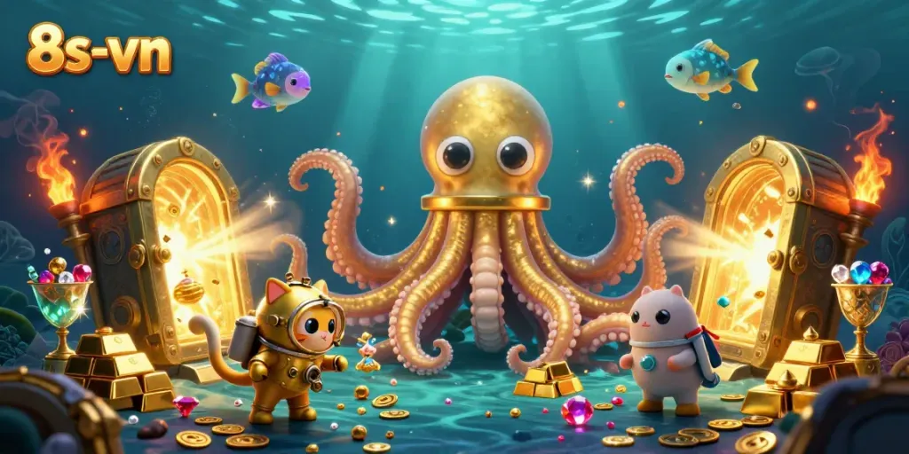 Attract players with 8s-vn's vibrant illustration showcasing a kraken and rich treasures
