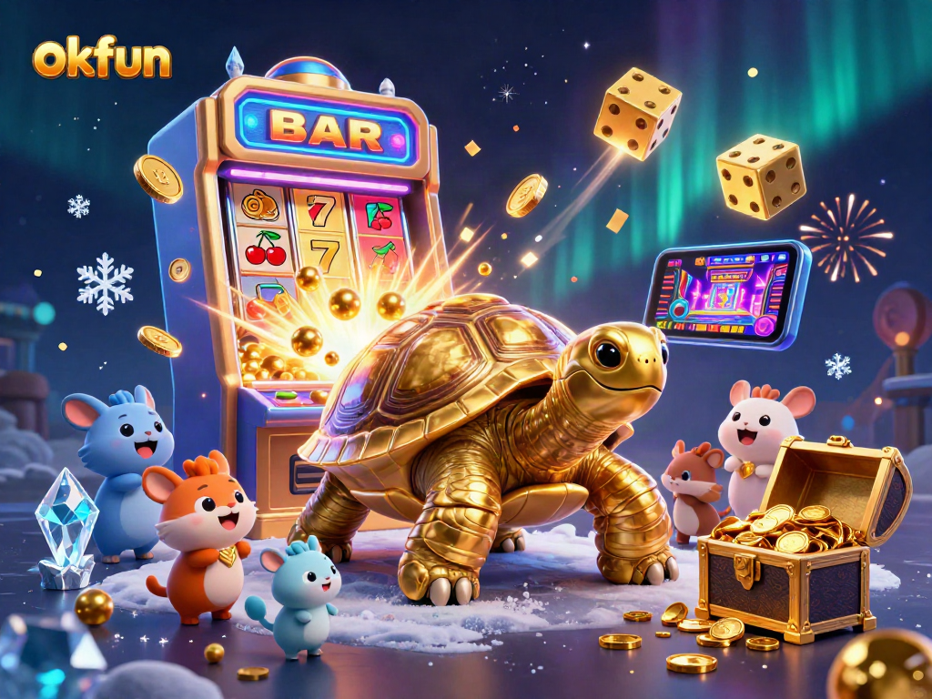 Spin to win with okfun's colorful casino scene featuring golden tortoise, slot machines, and treasures!